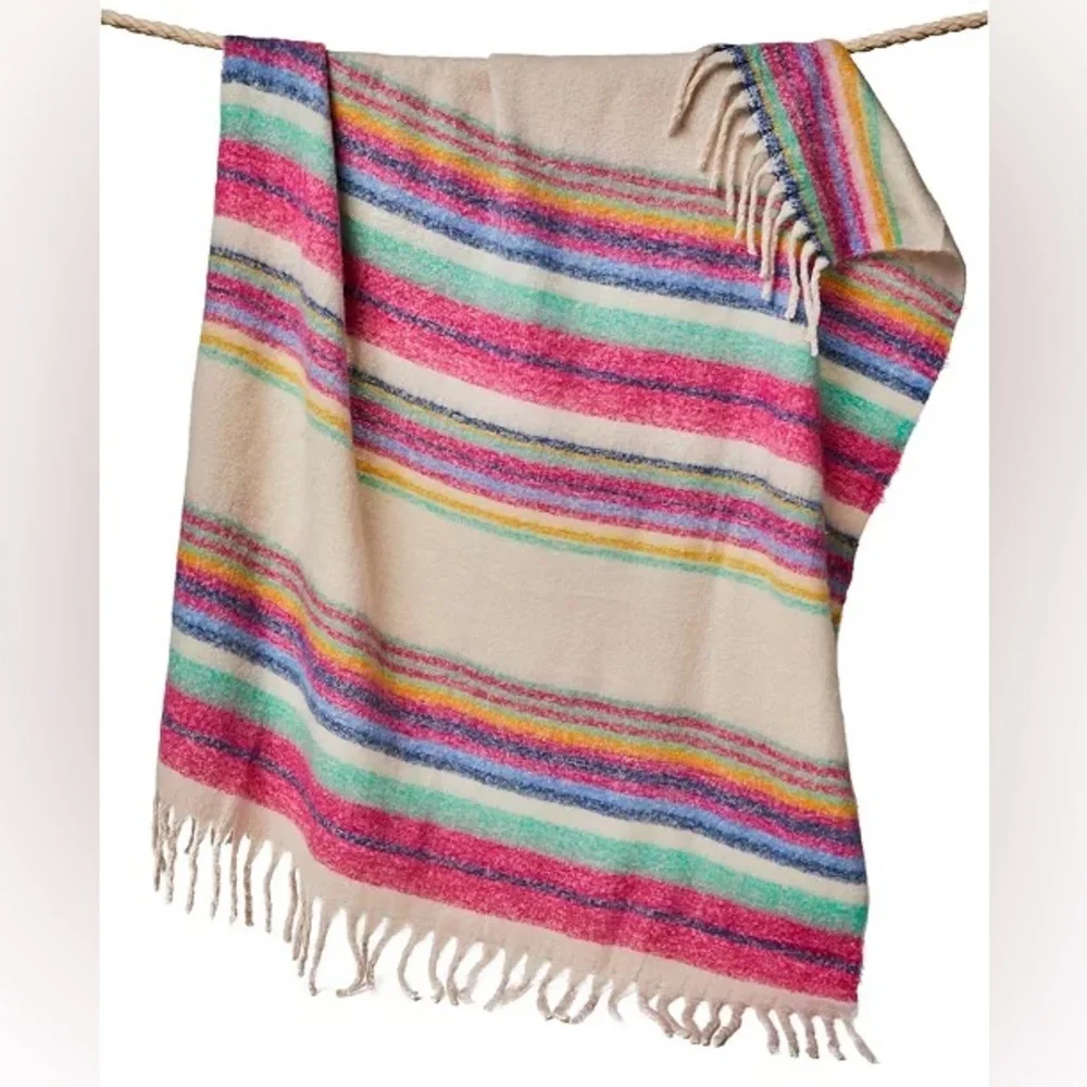 NWOT Free People Skye Stripe Fringe Throw Blanket Multi Color Pink White 60x55